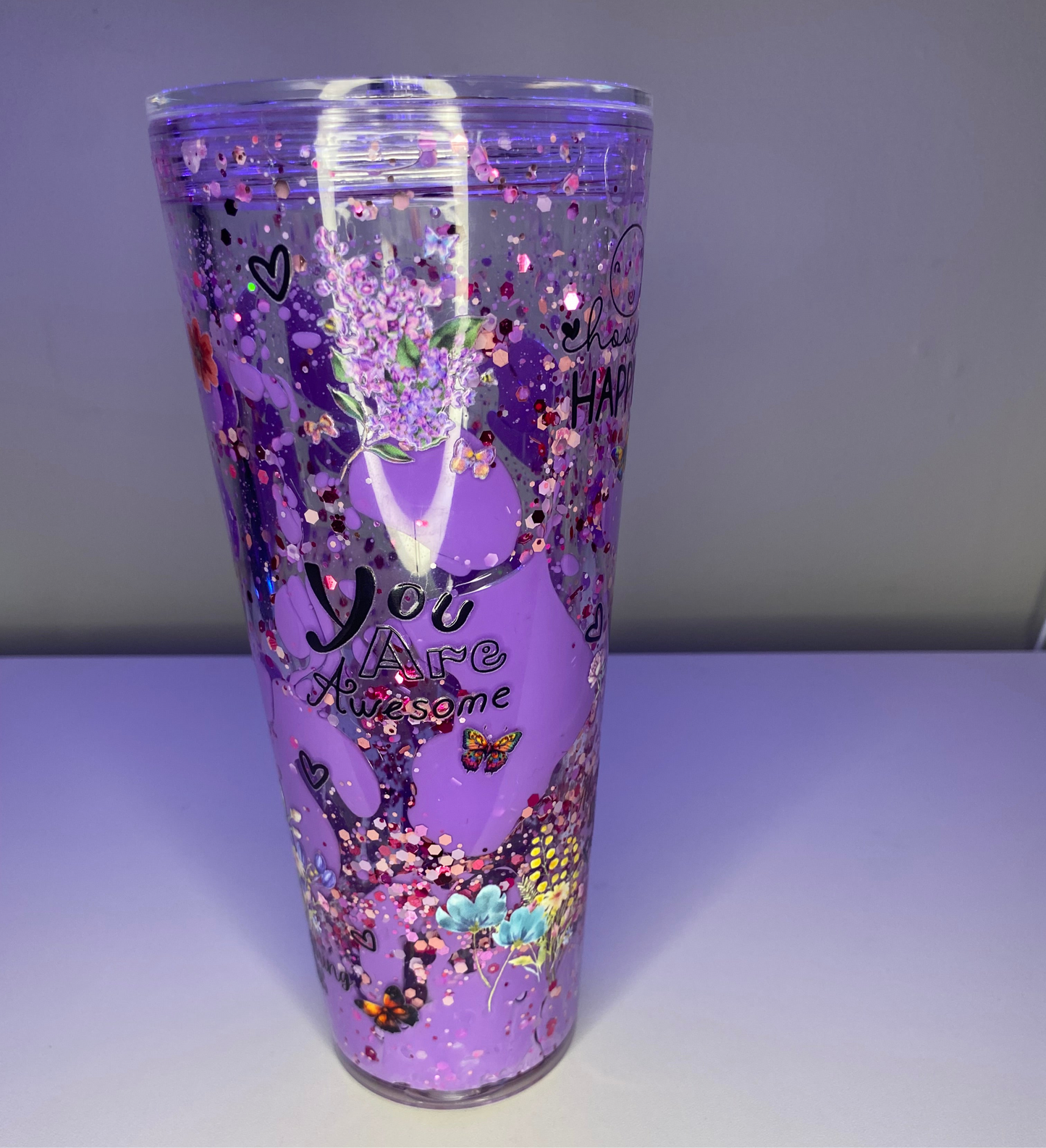 24 oz Pre made Purple Butterfly and flowers Lava Drip with glitter