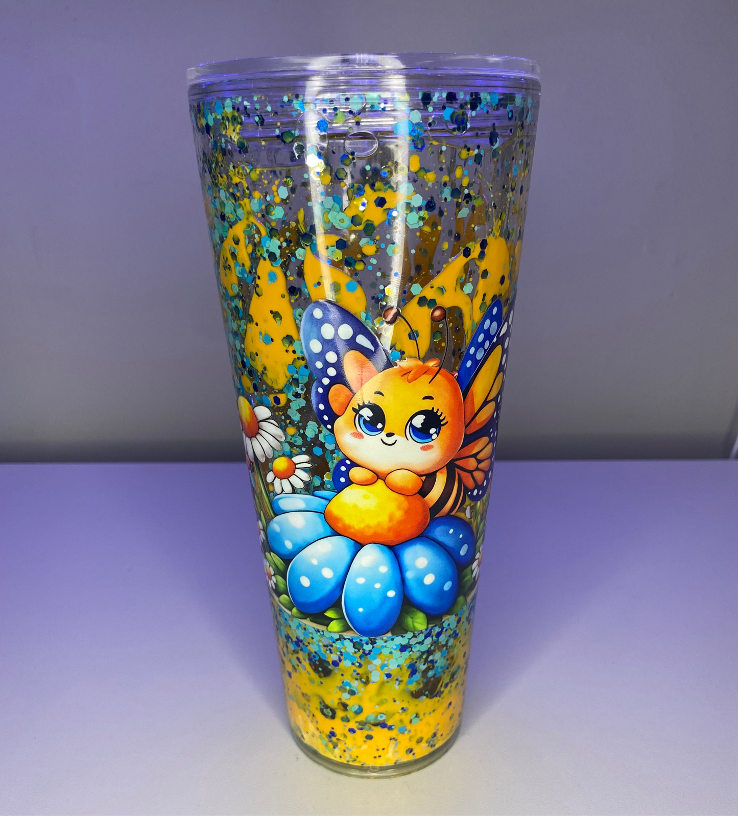 24 oz Pre made Colorful Yellow Lava Drip cup with blue glitter