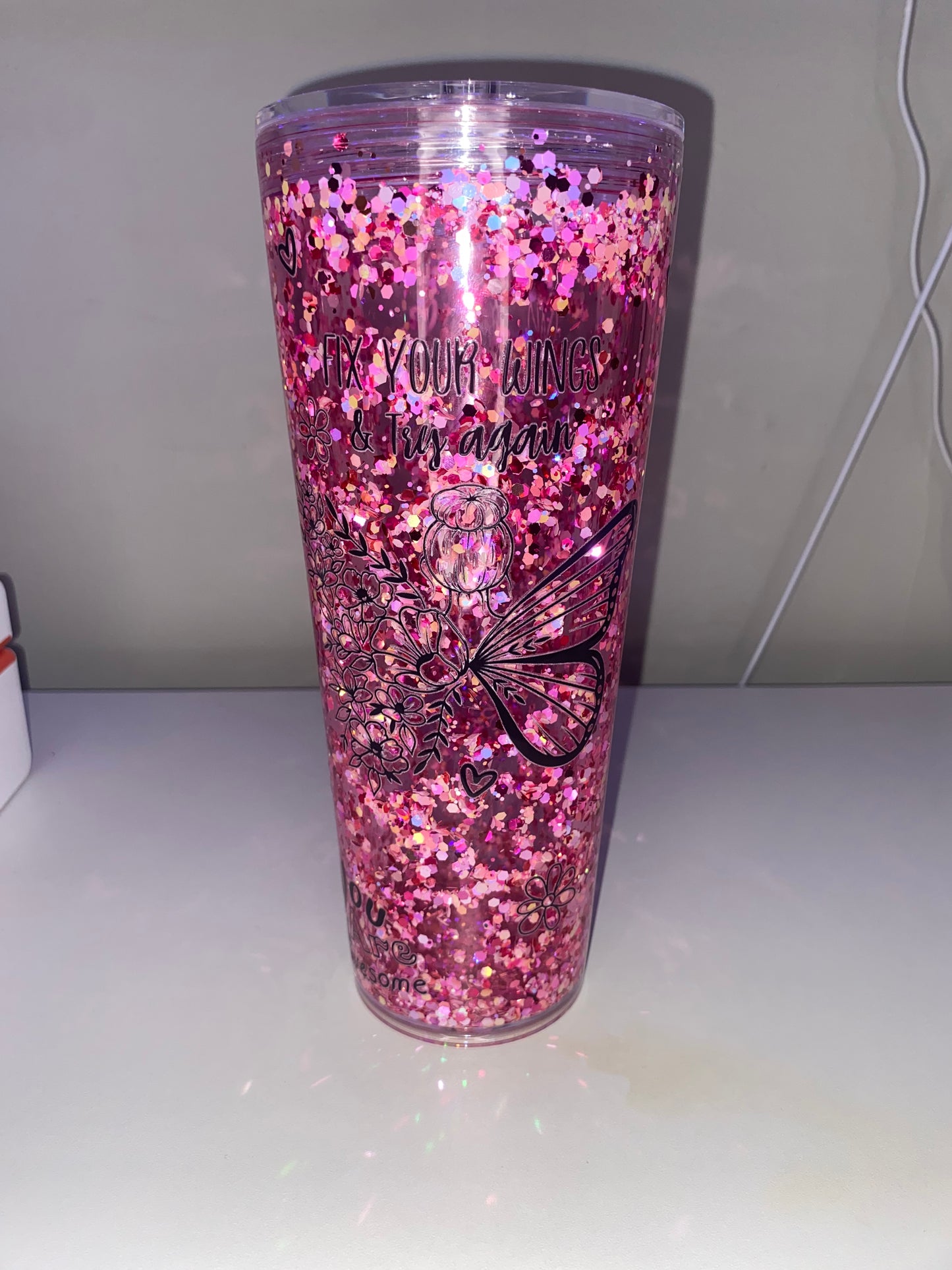 24 oz Pink Butterfly Acrylic - Medium Flow