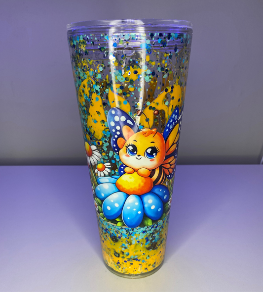 24 oz Pre made Colorful Yellow Lava Drip cup with blue glitter
